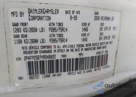 2000 Plymouth Voyager z USA, uszkodzony, nr VIN 2P4FP25B7YR548022